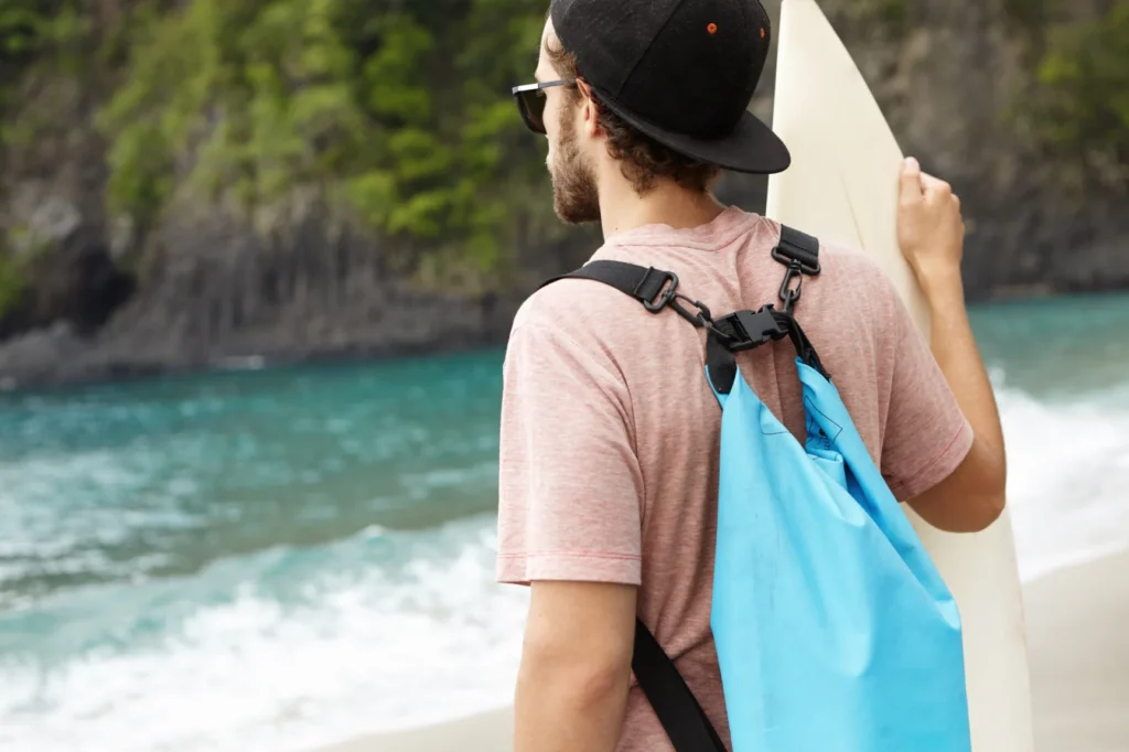 dry bag back pack on a mans back