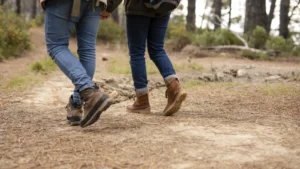 back view of people with walking boots on walking through a forest