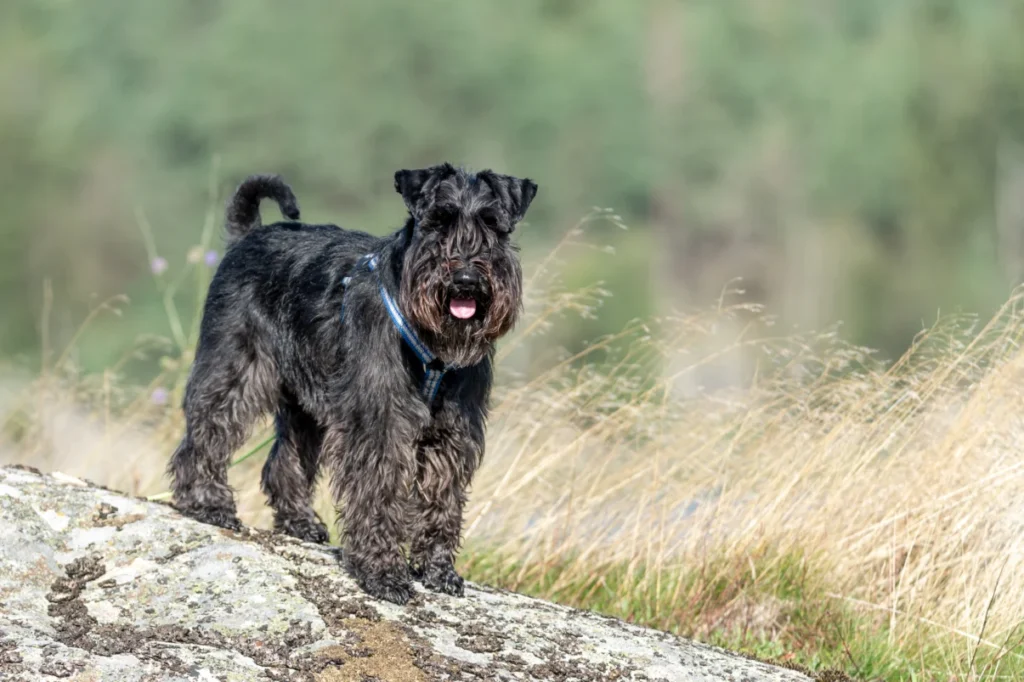dog standing on a rock in a field